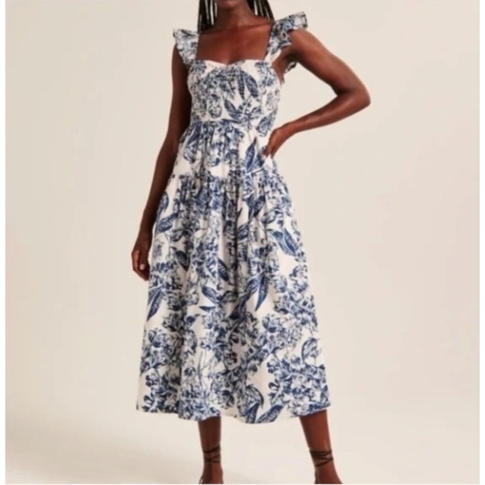 Abercrombie‎ & Fitch Blue White Floral Smocked Midi Dress Ruffle Strap S Petite